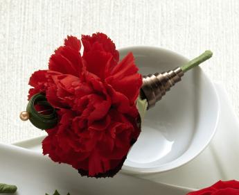 FTD Red Carnation Boutonniere - The FTD Red Carnation Boutonniere has a classic look that will add that  extra touch to their wedding day style. A single red carnation is  accented with lily grass blades and lush greens for an eye-catching  appearance you will love. Approx. 4âH x 3âW. 