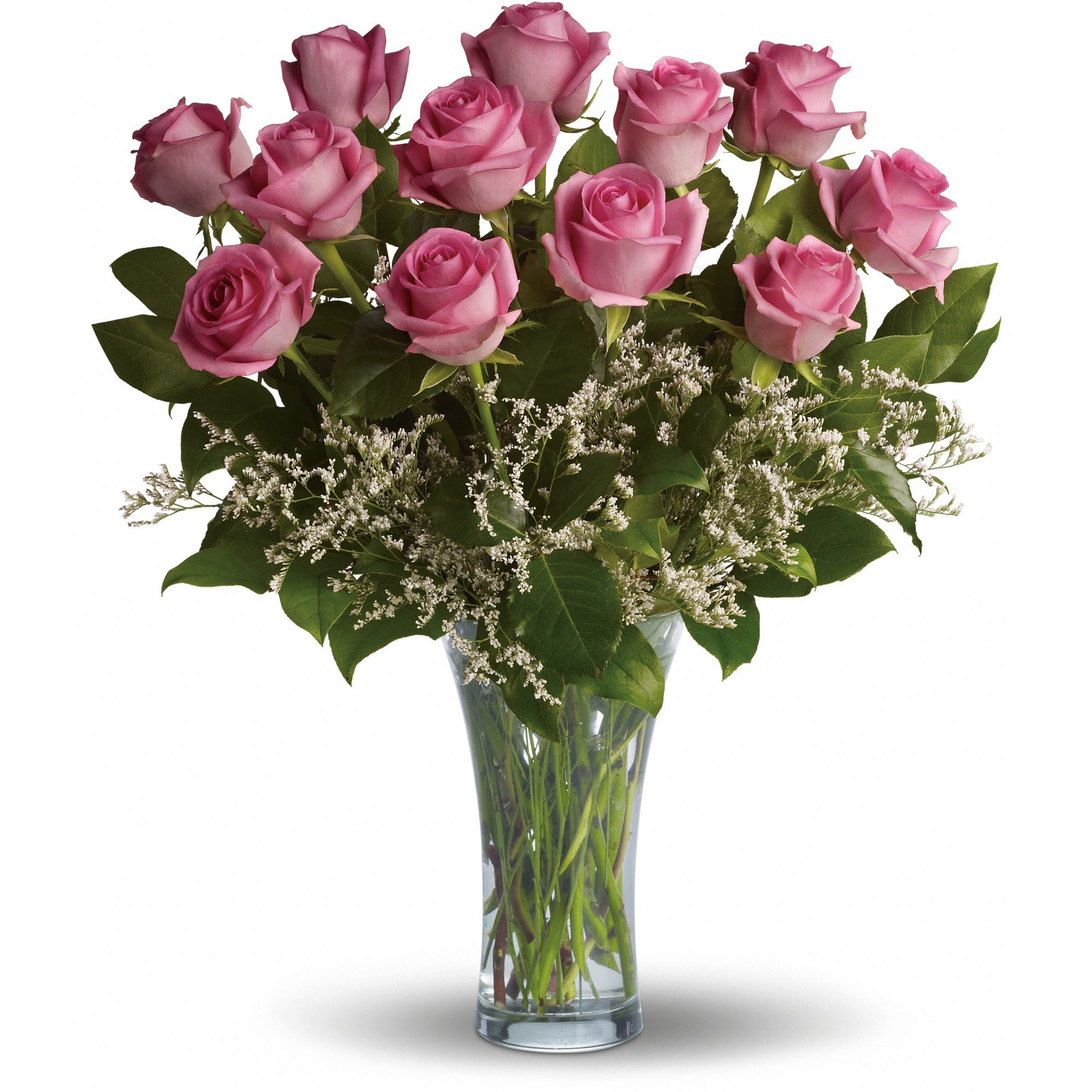 Make Me Blush - Dozen Long Stemmed Pink Roses - It's fun to be flirty! Send a dozen roses to the one you love and she just might make you blush. Especially if the dozen roses in question are this gorgeous! This arrangement is sweet and innocent as can be. Of course, it's a bit sassy and a whole lot sexy, as well.  Sending a dozen perfectly pink roses and white limonium arranged in a glass vase to the woman you love shows that you know how much fun love is! And every woman appreciates that!  Approximately 17 1/2" W x 20 1/2" H  Orientation: All-Around      As Shown : T4-1A - 12 Roses     Deluxe : T4-1B - 18 Roses     Premium : T4-1C - 24 Roses  