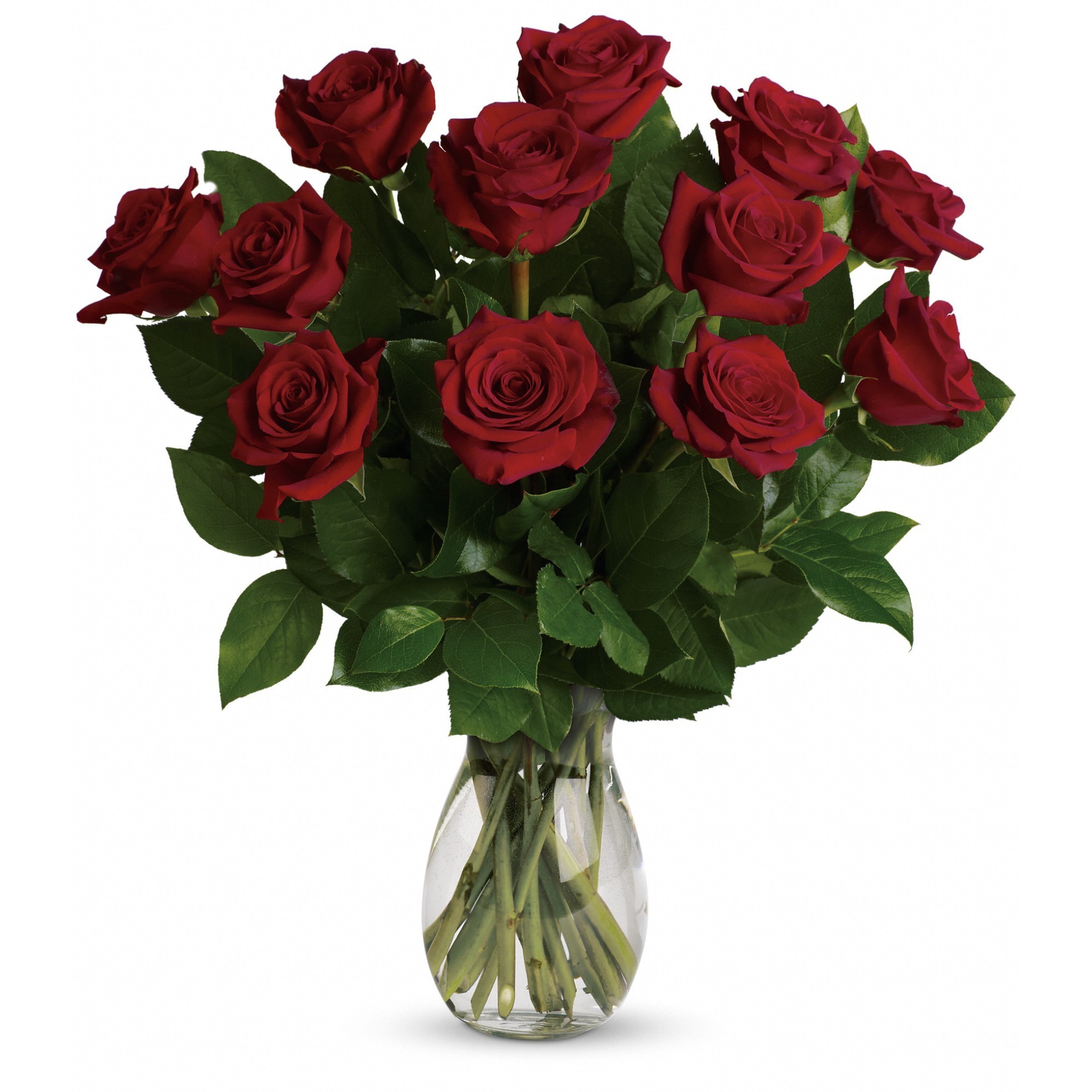 Bouquet of red roses in a clear glass vase