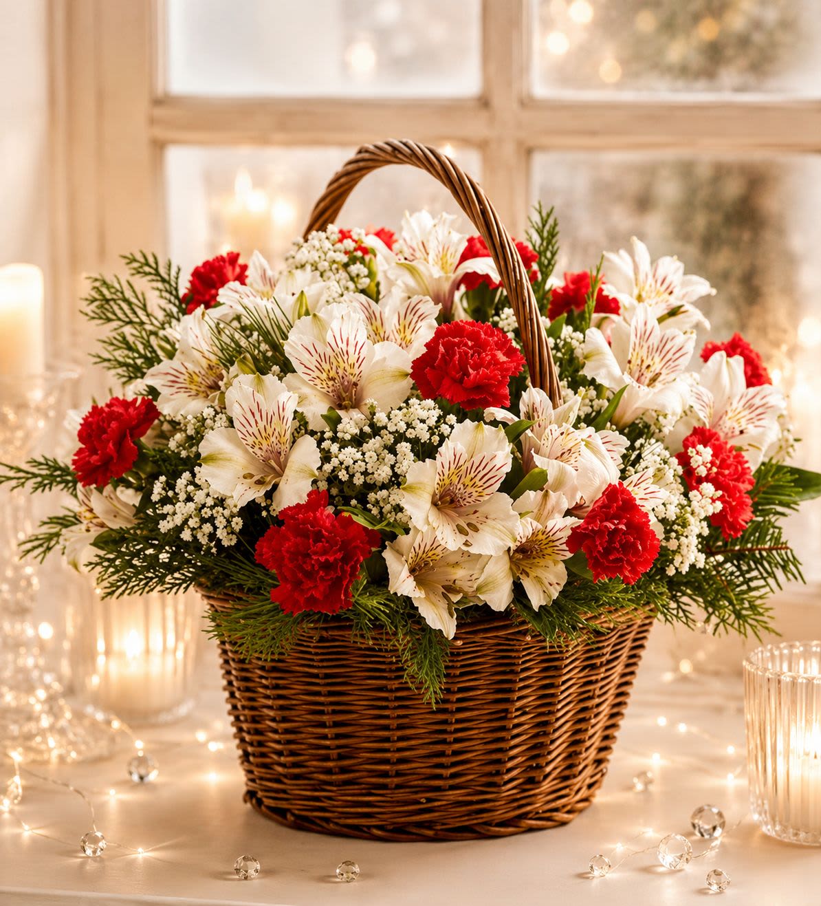 Joy Basket - Bring the charm of a cozy Christmas morning into any home with this beautifully handcrafted holiday basket. Fresh white alstroemeria and snowy mums blend gracefully with rich red carnations, creating a festive contrast that feels warm, and timeless. Nestled in a classic wicker basket and accented with lush evergreens and delicate baby's breath, this arrangement captures the spirit of the season- natural, welcoming, and full of heartfelt cheer. Perfect for gifting, decorating a holiday table , or sending warm wishes to loved ones, it brings a touch of Christmas magic to any room. A truly inviting peace that celebrates the beauty of tradition and the comfort of home during the holidays.