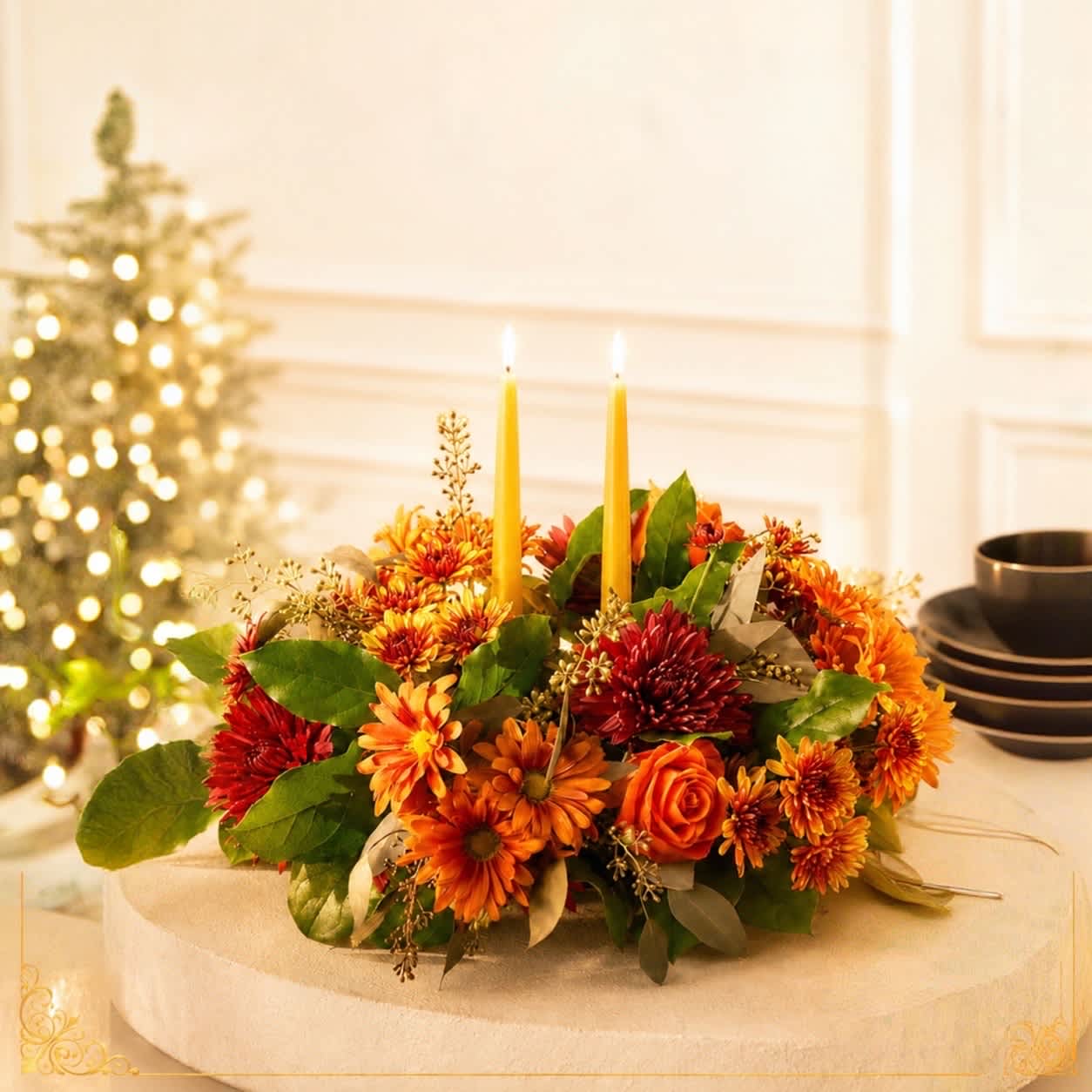 Autumn floral centerpiece with orange and red blooms and two taper candles