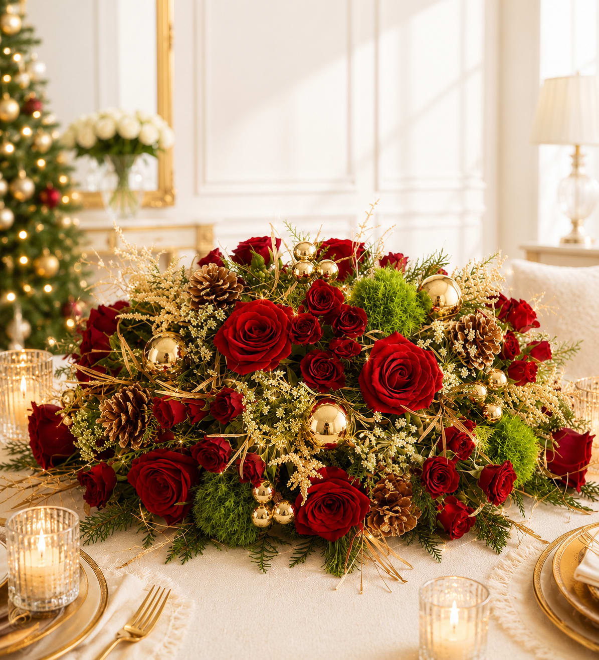 Red rose centerpiece with pinecones and gold ornaments on a table