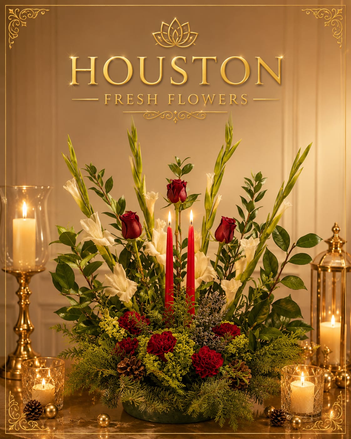 Winter Centerpiece - Bring the drama and beauty of the season to life with this stunning tall holiday arrangement. Rich red roses, elegant white gladiolus, and deep red carnations rise gracefully among lush winter evergreens and glossy Christmas foliage, creating a bold and sophisticated silhouette. Two classic red taper candles highlight the center, adding warmth, glow, and sense of festive tradition. The arrangement height and structure make it perfect for entry tables, buffet displays, mantle decor, or as a commanding centerpiece for holiday gatherings.  A luxurious blend of color, texture, and seasonal greenery, this design captures the true spirit of Christmas- elegant, warm, and joyfully timeless.