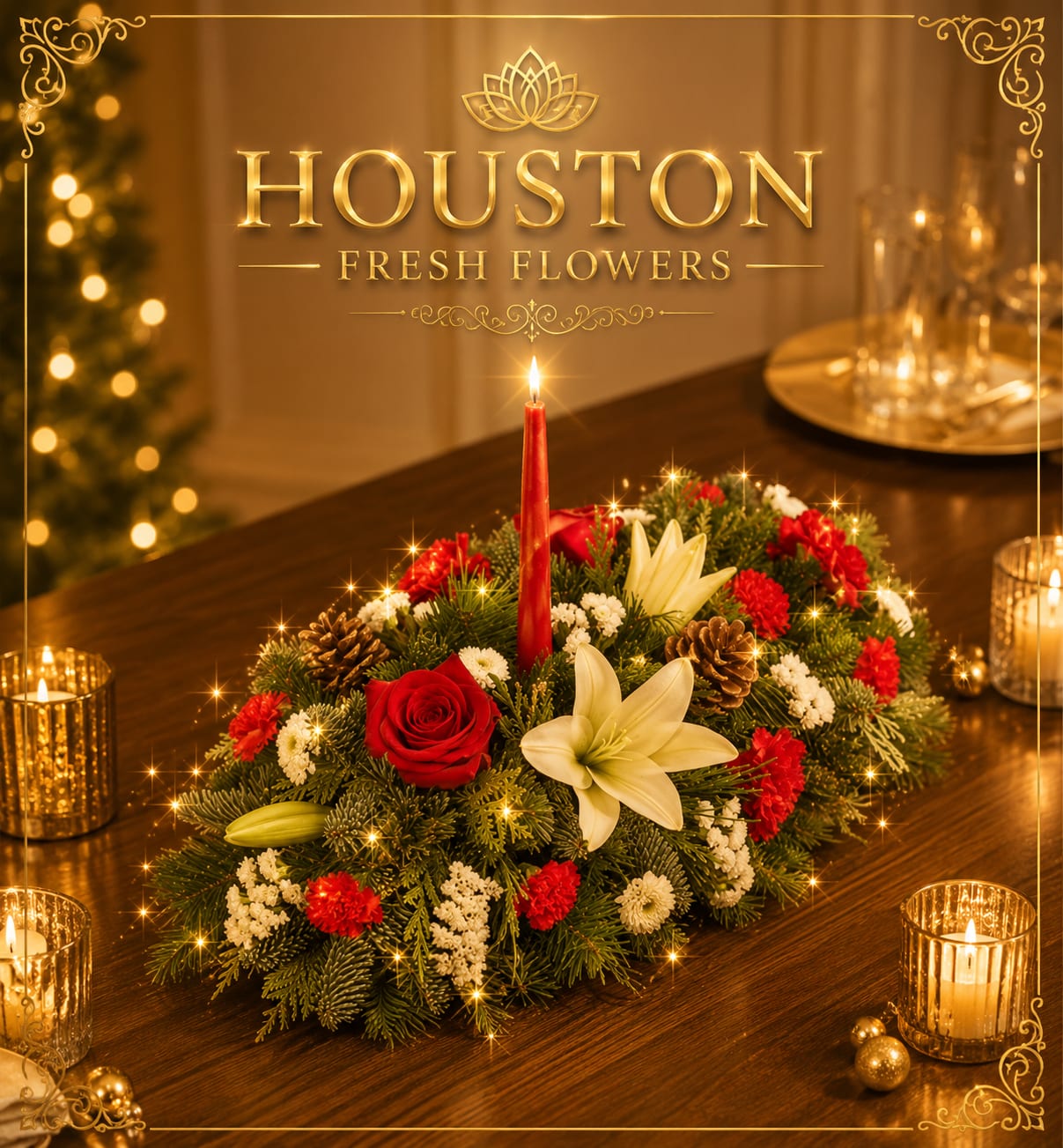 Holiday Candlelight Elegance Centerpiece  - This classic holiday centerpiece brings the warm magic of Christmas to any table. A single red taper candle rises from center, casting a soft, festive glow over a lush bed of greenery branches. Rich red roses, snowy white lilies, bright red and white carnations, and delicate winter fillers creates a beautiful contrast that feels both traditional and luxurious.    Accents of natural pinecones enhances the wintry charm, adding texture and a touch of woodland coziness. Designed in an elongated oval shape, this centerpiece is perfect for dinning tables, holiday buffets, or creating a welcoming ambiance in any room.  A timeless Christmas piece that celebrates warmth, beauty, and the joy of gathering together.