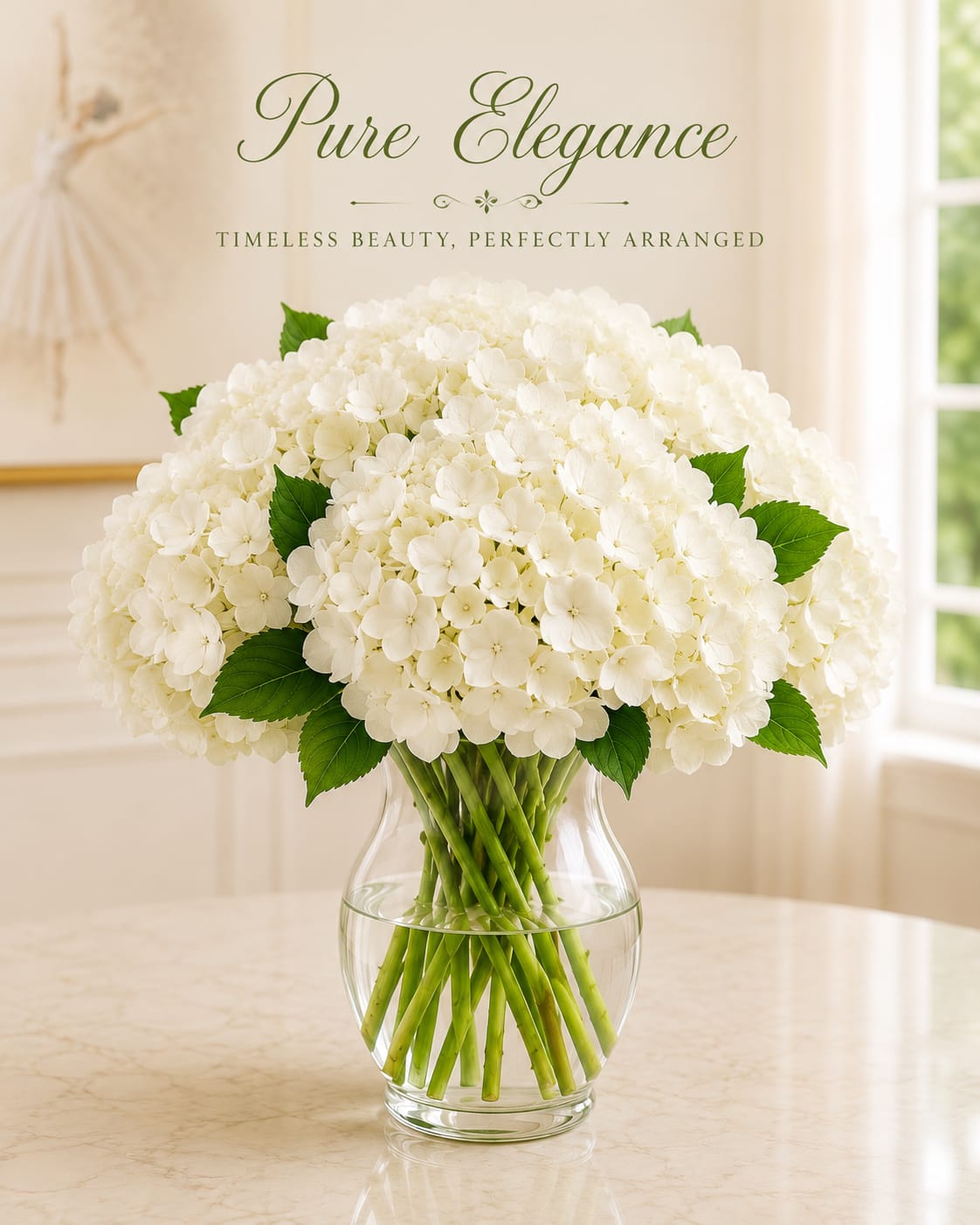 White Hydrangeas - A handcrafted bouquet of lovely white hydrangeas with fresh-cut green accents in a vase. A seasonal favorite, these amazing hydrangeas invite joy and tranquility no matter the mood. Please Note:We may sometimes need to use a different vase.