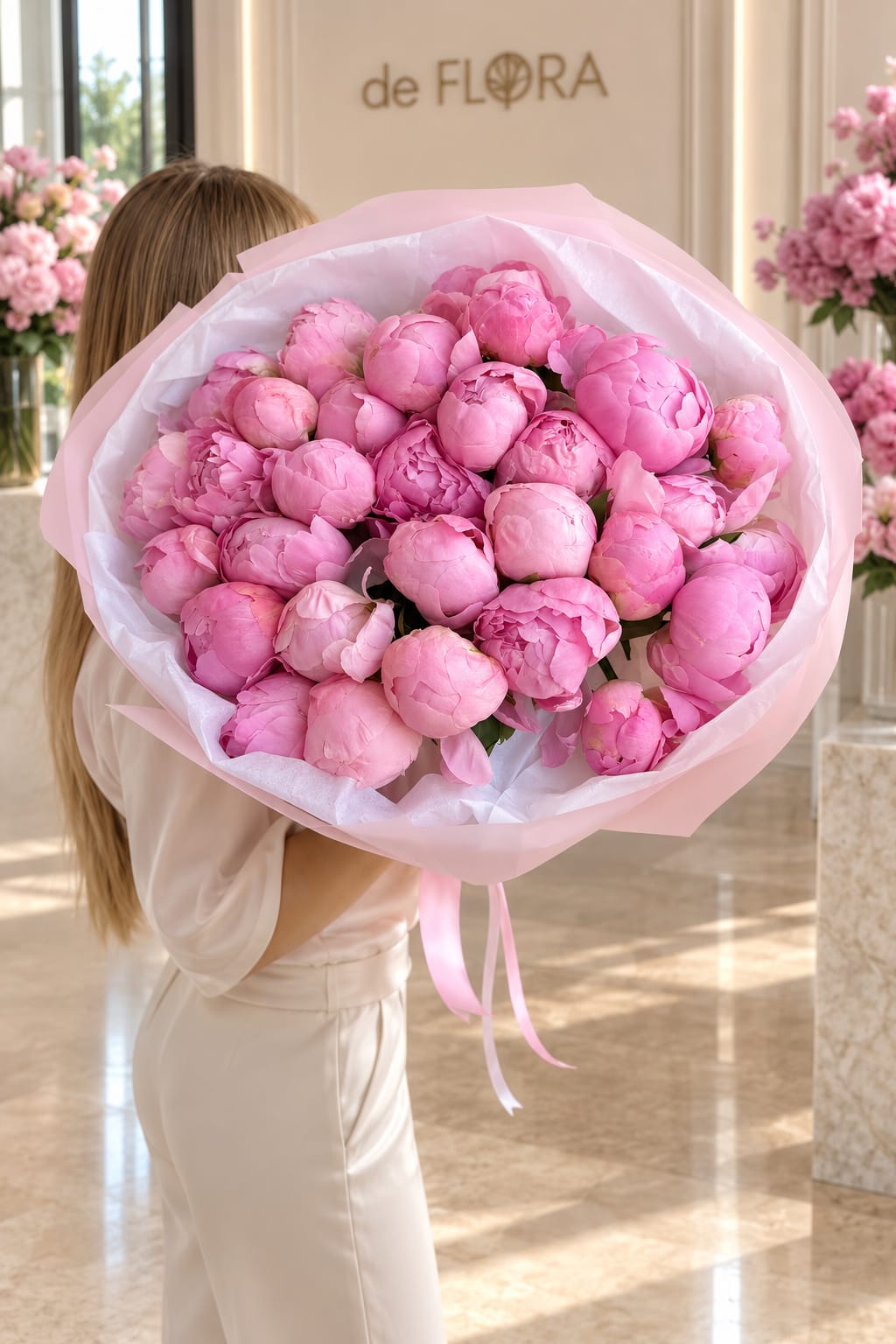 Pink Euphoria - A lush cluster of pink peonies creates an immediate sense of tenderness and celebration - this large peony bouquet is ideal as a birthday bouquet, anniversary flowers, Mother's Day gift, or a wedding-related surprise. The mix of blush to deeper rose tones reads romantic and spring-fresh, so the person you're thinking of will feel both cherished and noticed the moment the wrapping is untied.  Tightly gathered for a full, rounded silhouette, the arrangement features abundant, soft-petaled peonies in shades of pink with hints of white peeking through the layers. It's presented in pale pink and white tissue and floral wrap, finished with a satin ribbon for a polished, gift-ready look. The texture is plush and feminine, with each bloom contributing to a voluminous, hand-tied effect.  Perfect for anyone who loves romantic pastels and lush florals, this bouquet suits celebratory everyday gifting as well as milestone moments. Handled carefully, peonies prefer cool water and a fresh cut at delivery - order time-sensitive deliveries early to ensure peak bloom on the day you'd like them to arrive.
