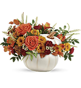 Enchanted Harvest - Bursting from an enchanting white ceramic pumpkin, this fabulous fall mix of roses and mums is a magical addition to your autumnal gatherings! 