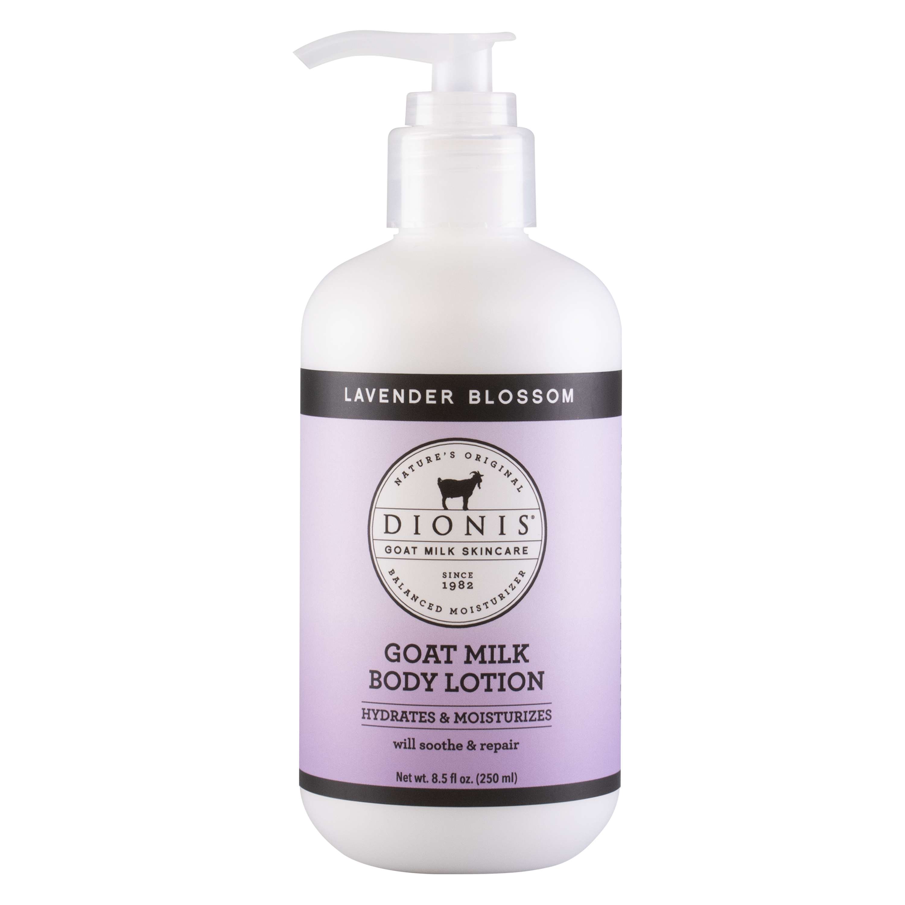 Bottle of lavender blossom goat milk body lotion with a pump dispenser