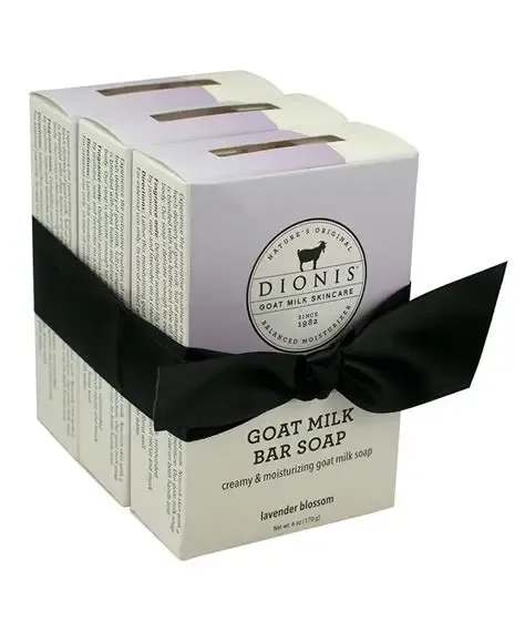 Dionis Lavender Blossom Goat Milk Bar Soap Pack of 3 - 6 oz pack of three soaps with a delightful Aurelian lily blossom, juicy orange and cassis, surrounded by jasmine, rose and lavender on a creamy background of coconut, apricot nectar and musk. 