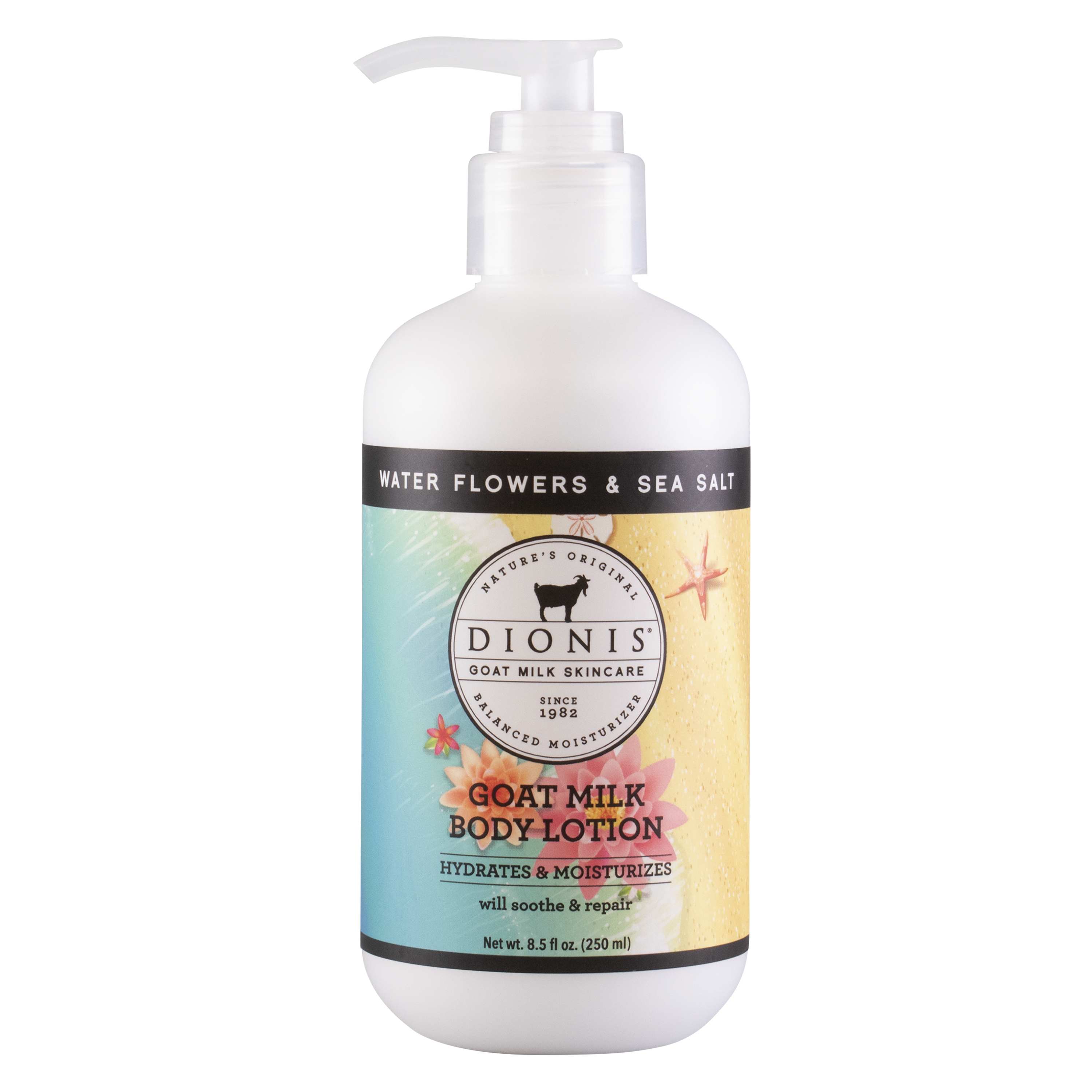 Bottle of goat milk body lotion with a pump dispenser