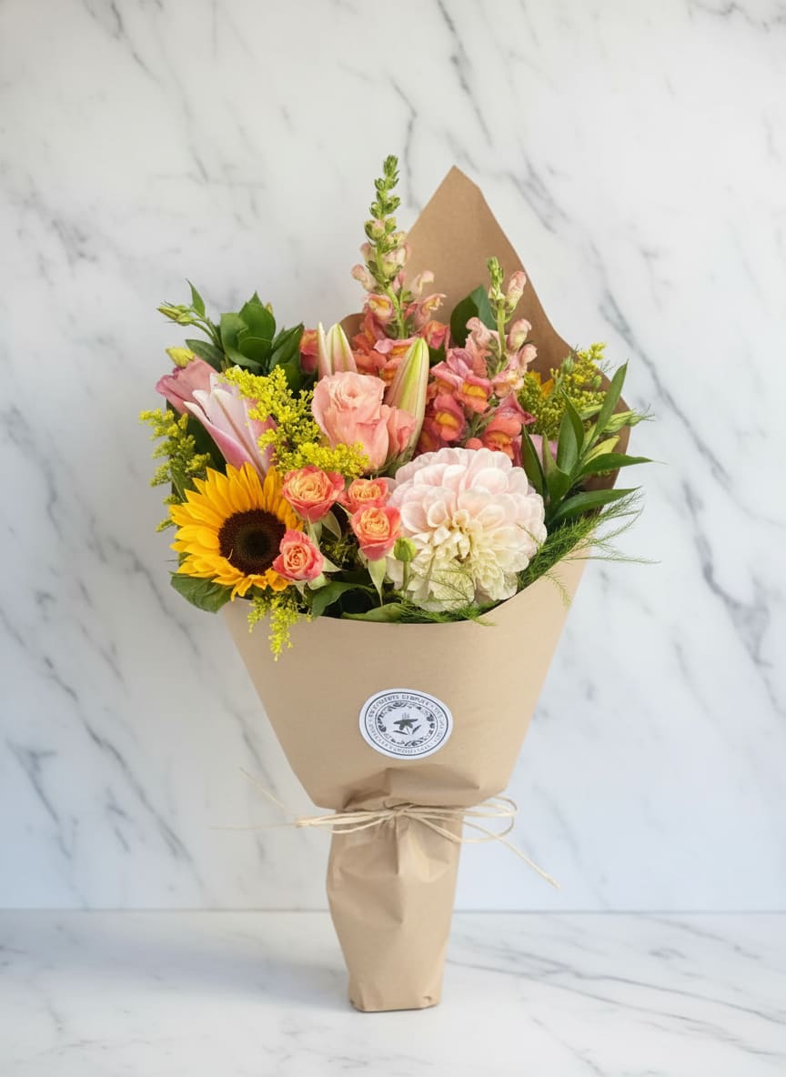 Summer Fields Wrapped Bouquet - Bright, cheerful, and full of seasonal beauty, our Summer Fields Wrap Bouquet features a fresh mix of sunflowers, snapdragons, lilies, roses, dahlia, and premium seasonal flowers gathered in a hand-tied bouquet. Designed in soft shades of peach, pink, yellow, and green, this garden-inspired arrangement is perfect for birthdays, thank you gifts, get well wishes, or simply celebrating summer. Available for local flower delivery in San Francisco.