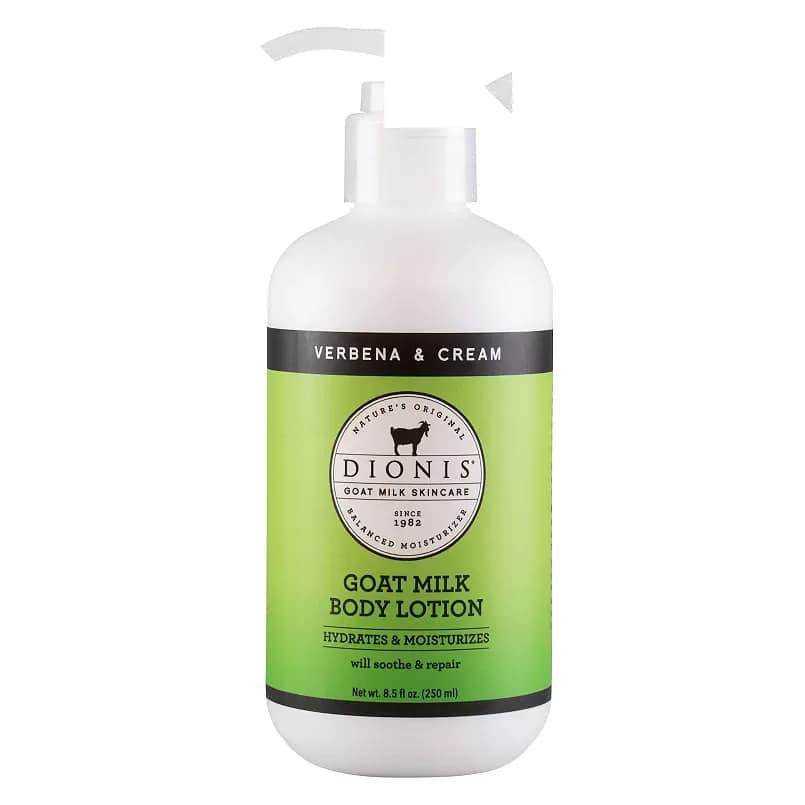 Bottle of goat milk body lotion with a green label