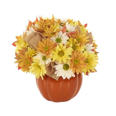 Yellow and white daisy bouquet in a pumpkin-shaped vase