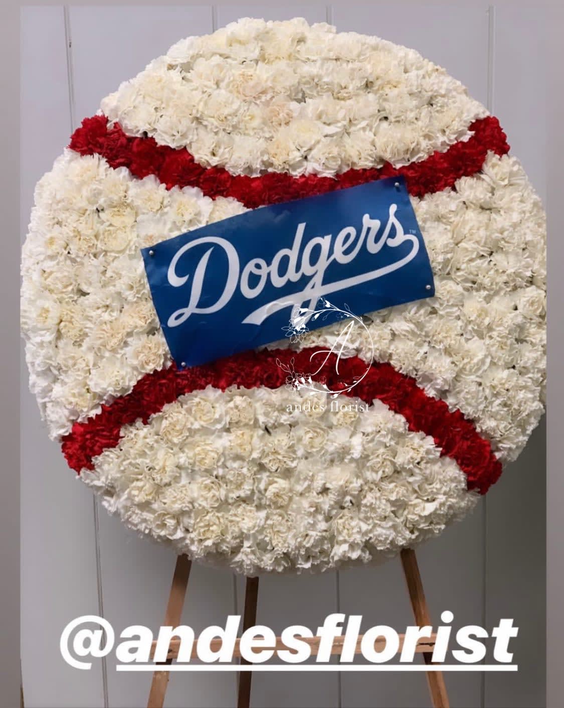 Large floral baseball display with a Dodgers sign