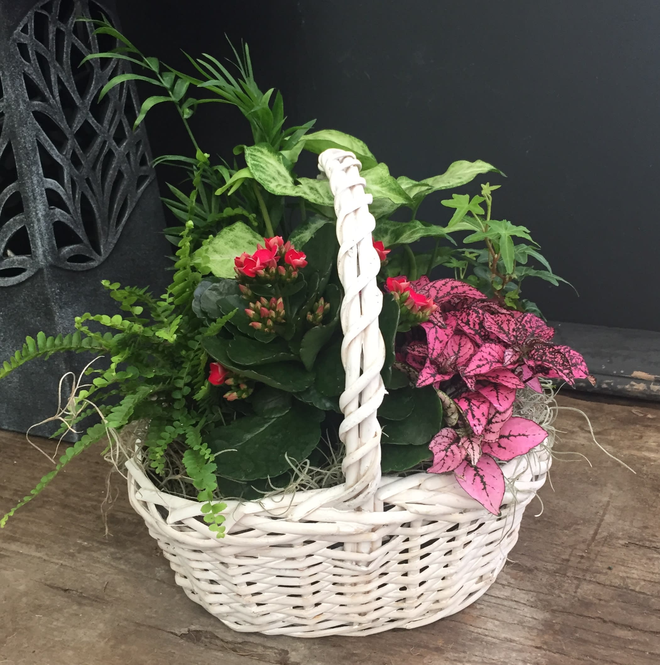 White wicker basket with potted plants and pink flowering succulents