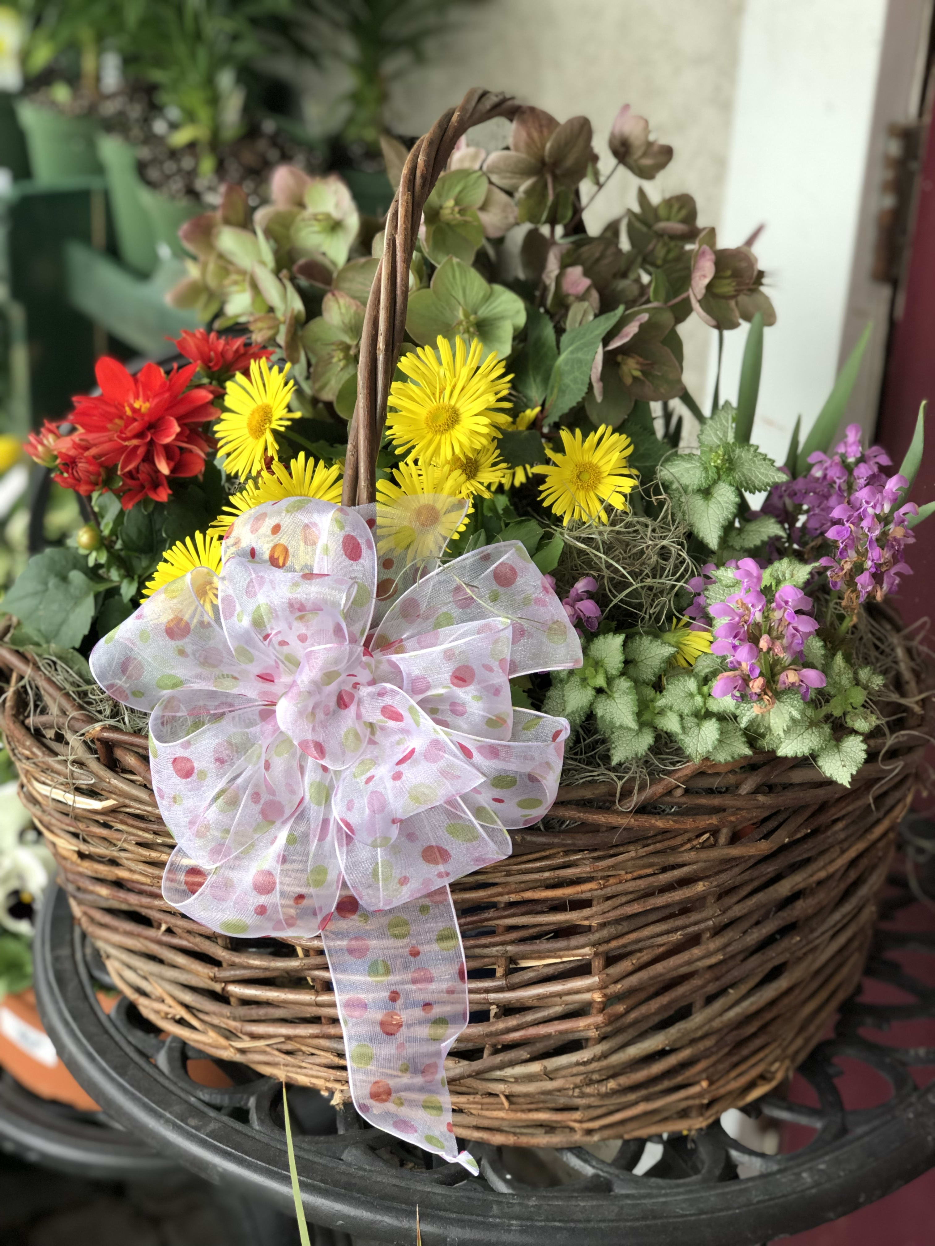 Basket of yellow and red flowers with a polka-dot ribbon bow
