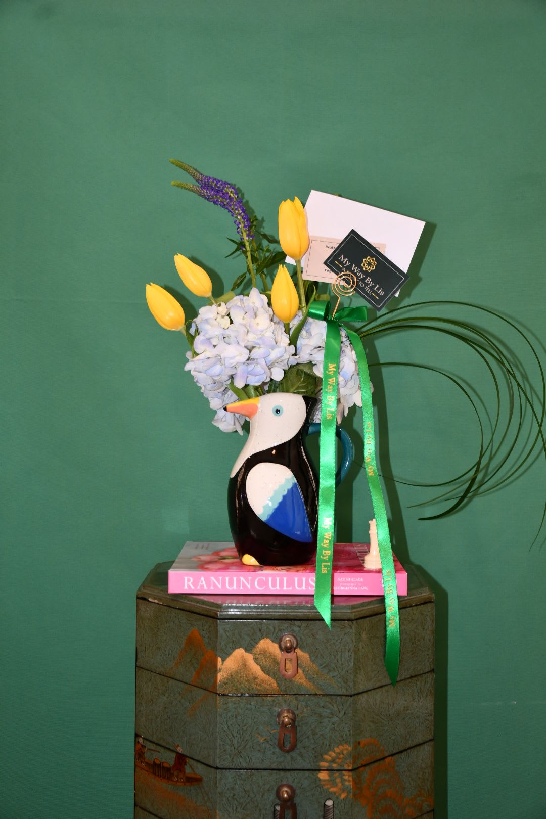 Tina. - Exotic parrot filled with tulips Veronica and Hydrangeas!