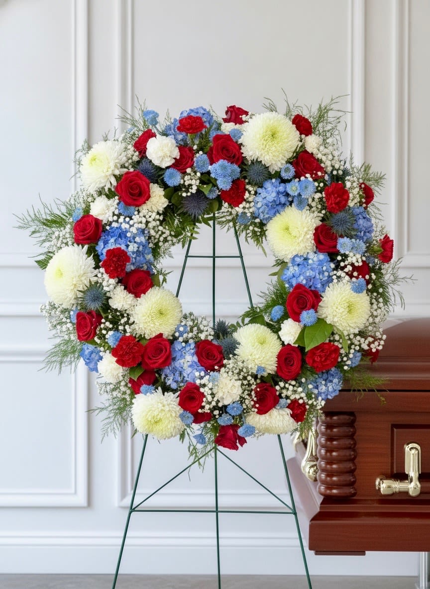 Prideful Remembrance  - A striking red, white, and blue wreath that expresses pride and honor.