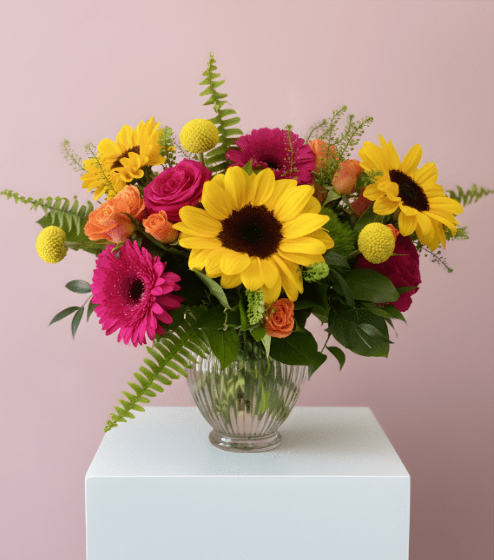 Bright mixed bouquet with sunflowers, gerbera daisies, roses, and a glass vase