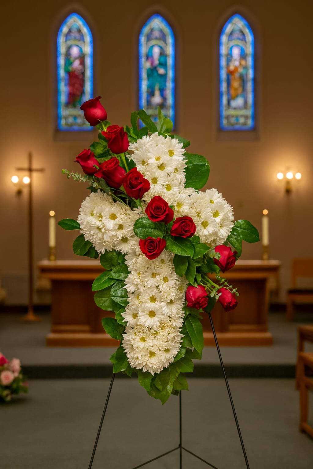 Standing floral spray with red roses and white daisies on an easel