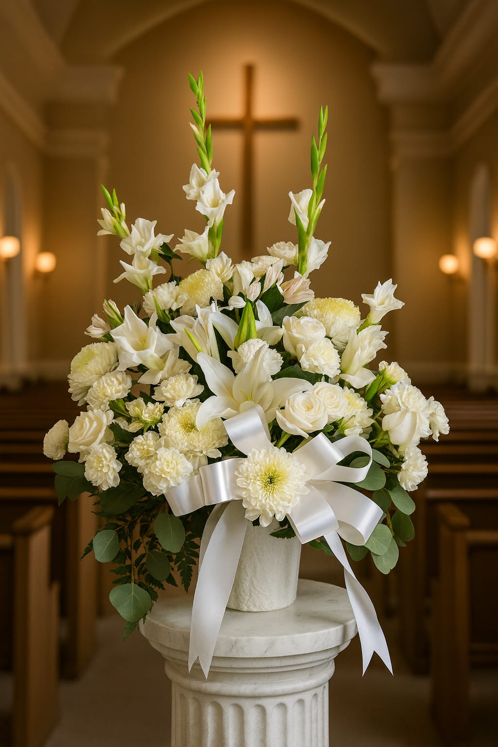 White floral arrangement with a satin ribbon in a church setting