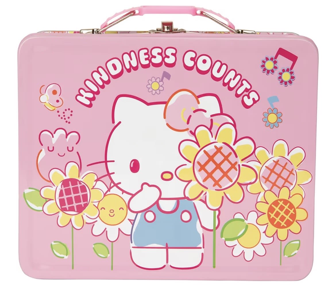 Pink Hello Kitty lunchbox with flower graphics and a handle
