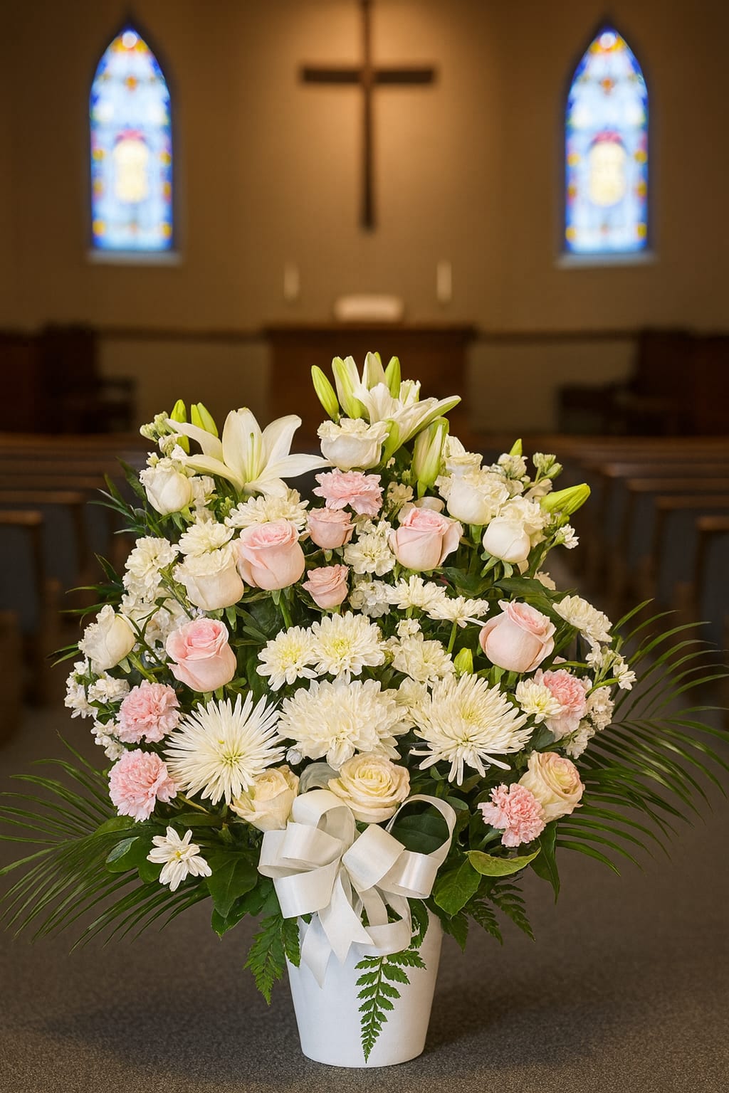 White and blush floral arrangement in a white vase with a ribbon