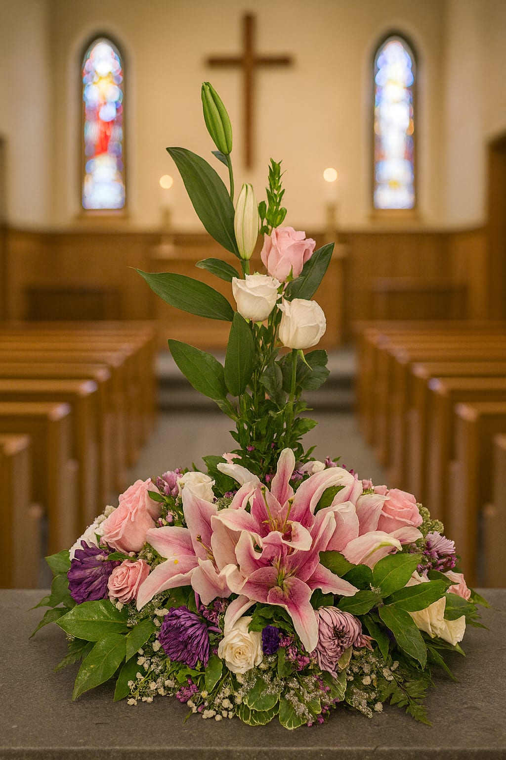 Pink lilies and roses arranged in a church setting