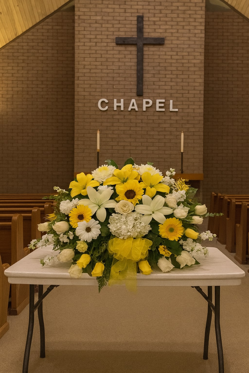 Yellow and white floral arrangement on a table in a chapel