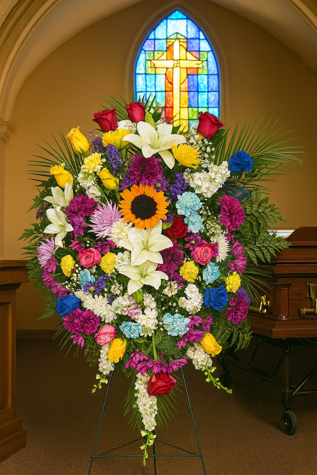 Large colorful funeral spray with roses, lilies, and a sunflower on an easel