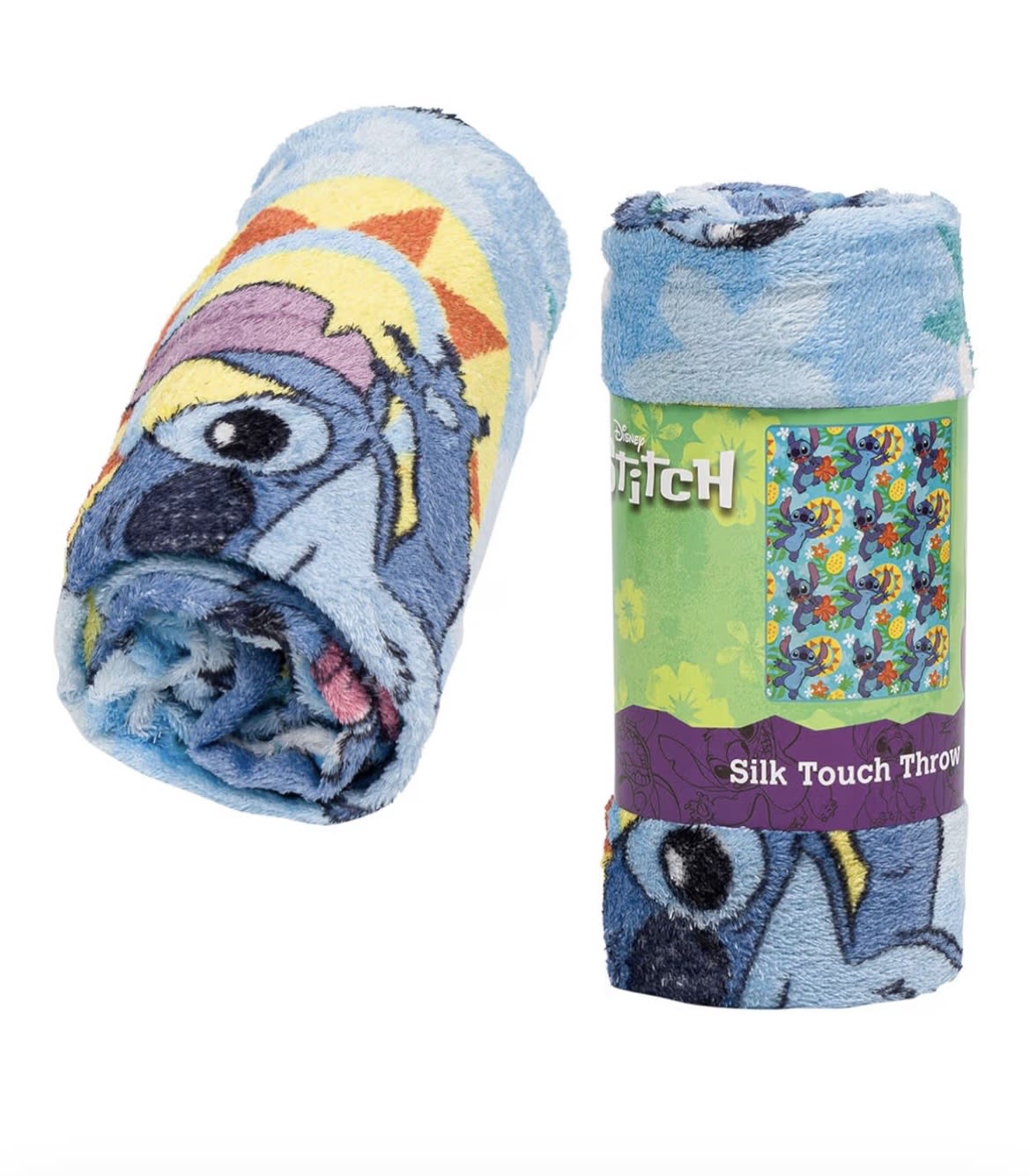 Rolled blue Stitch-themed plush throw blanket with packaging
