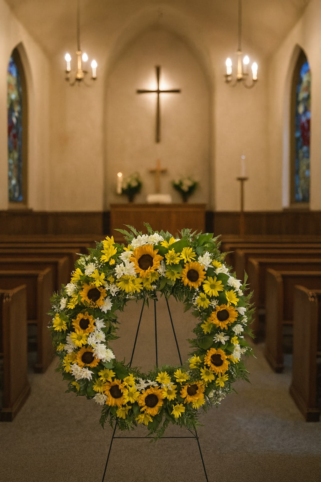 Sunflower and white daisy wreath on a stand inside a church