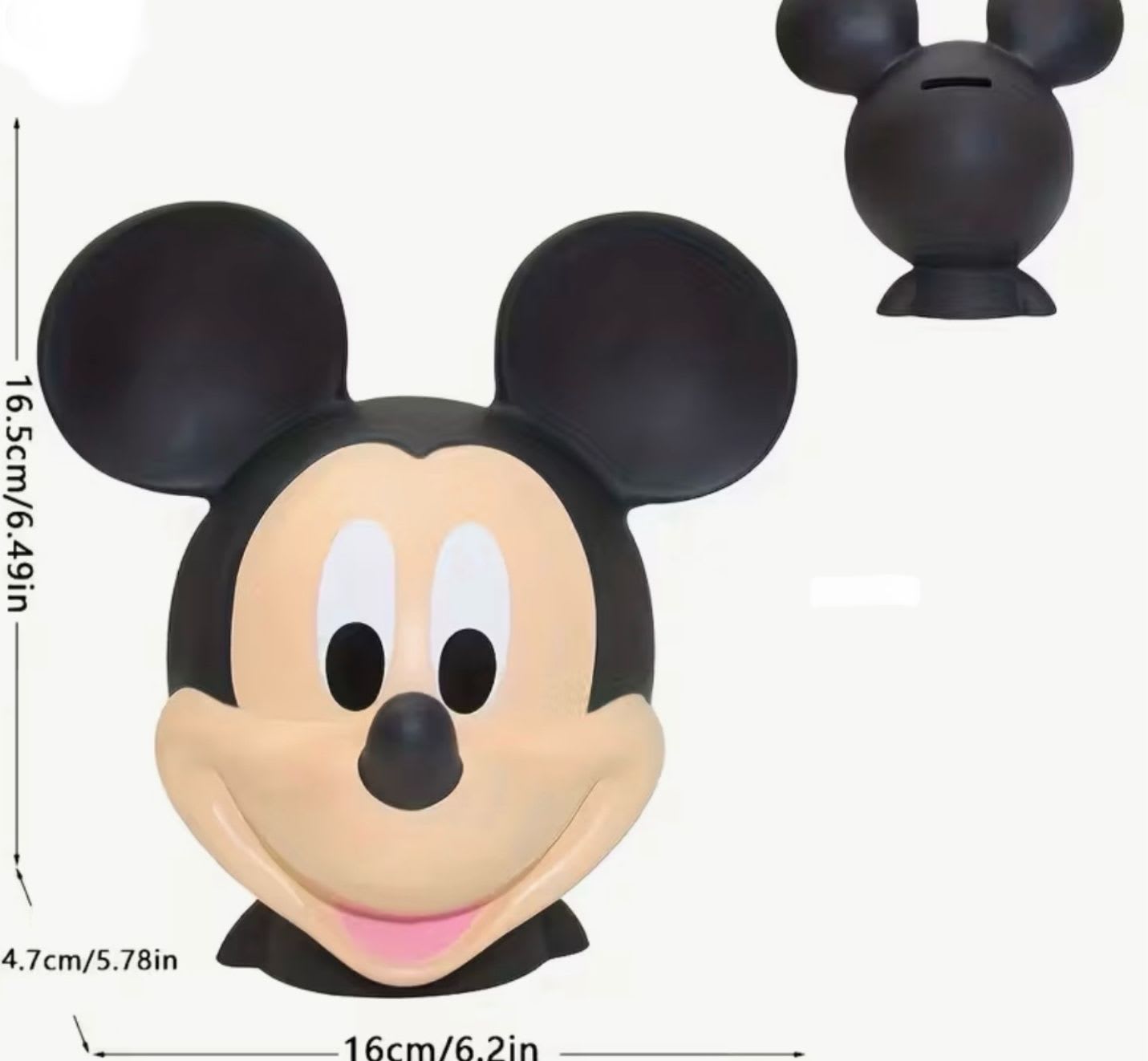 Mickey Mouse-shaped black and beige decorative object with dimensions shown