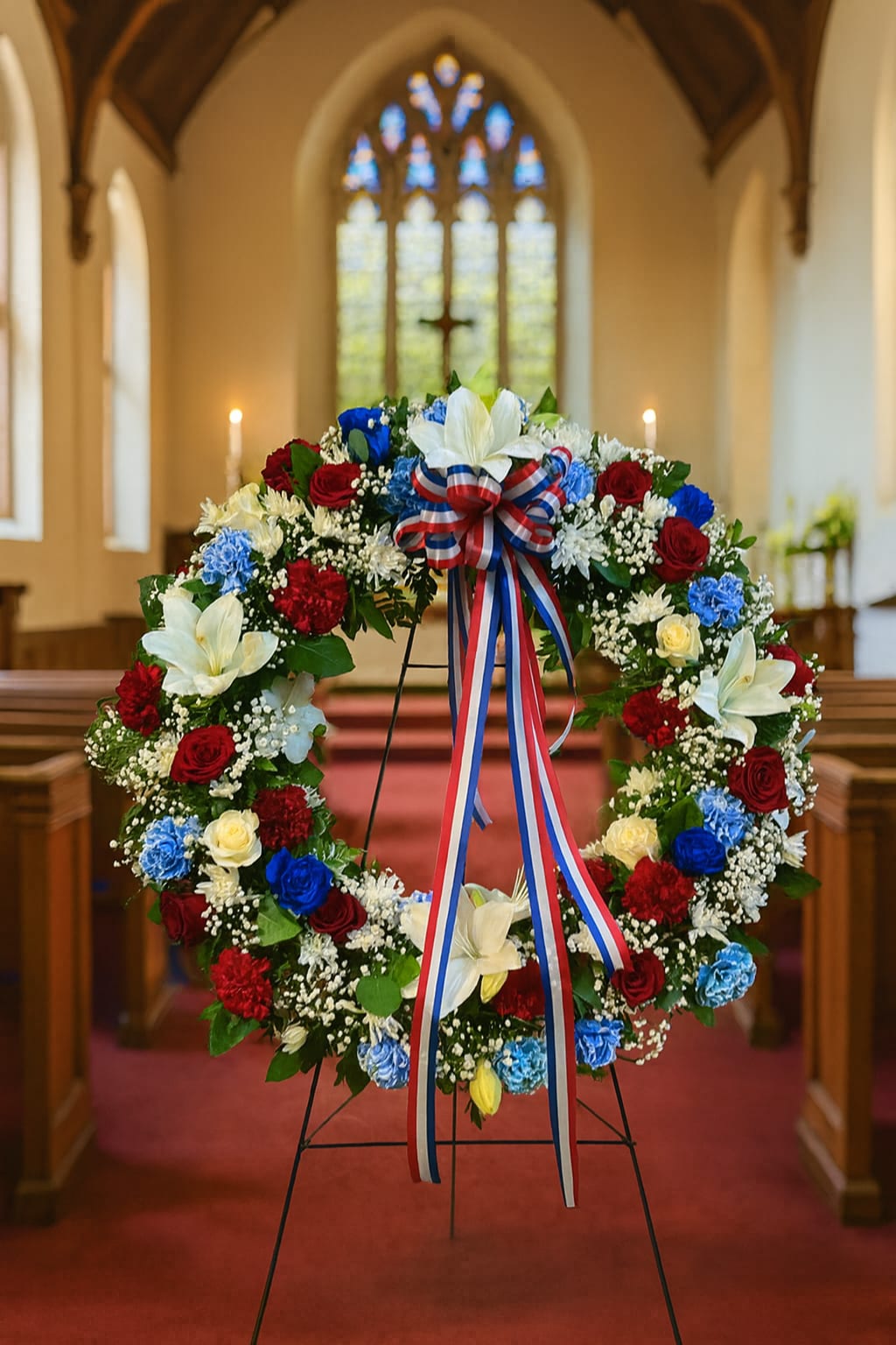 Floral wreath with red, white, and blue flowers on a stand in a church
