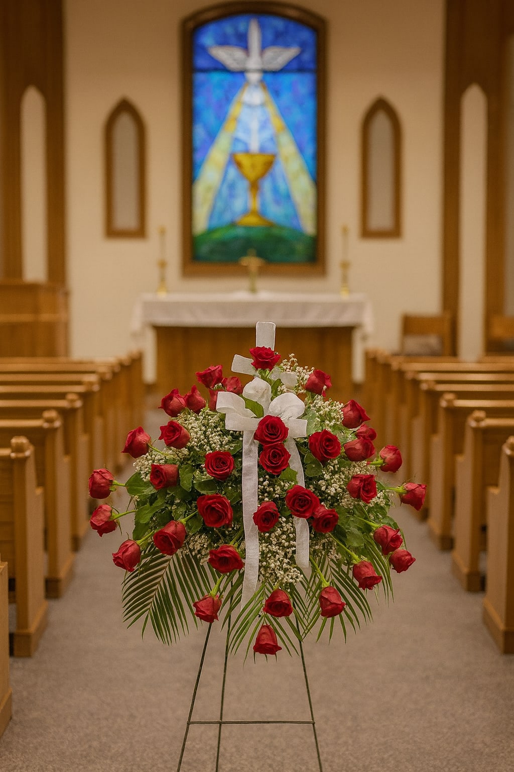 Red rose standing spray with white ribbon in a church aisle