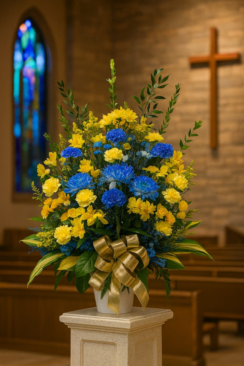 Blue and yellow floral arrangement in a white vase with a gold ribbon