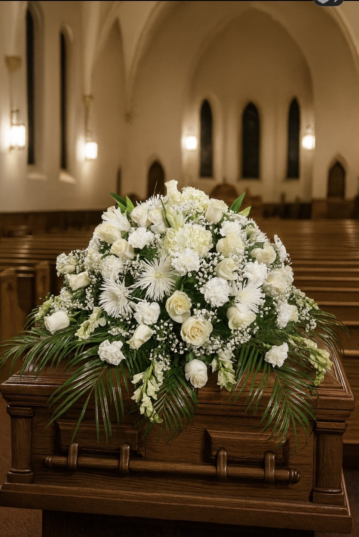 White floral spray on a wooden casket in a church