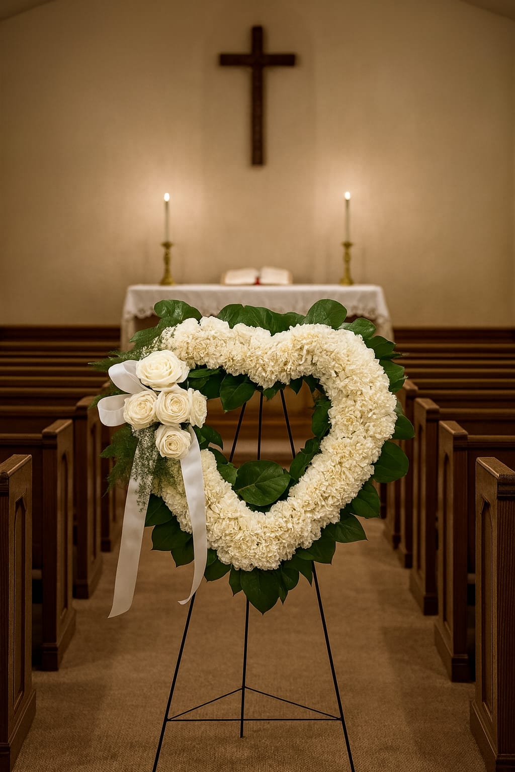 Heart-shaped white floral funeral wreath on an easel in a church aisle