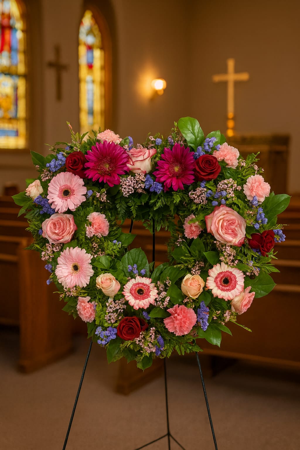 Heart-shaped floral wreath on an easel with pink and red flowers