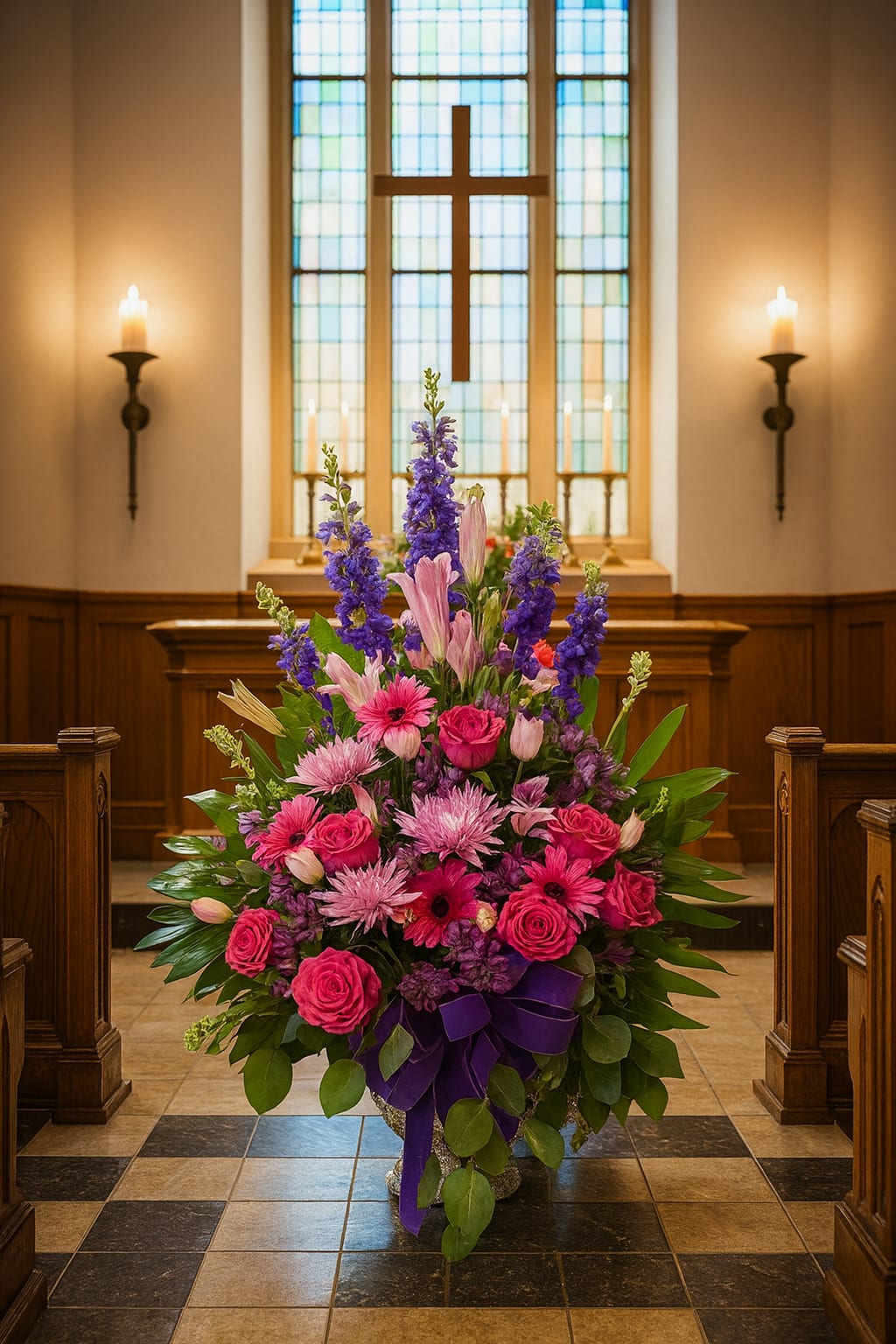 Large pink and purple floral arrangement in a church aisle