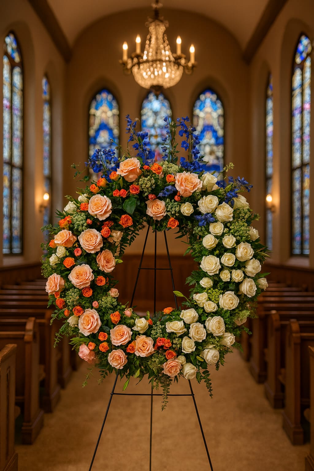 Large floral wreath on a stand in a church aisle