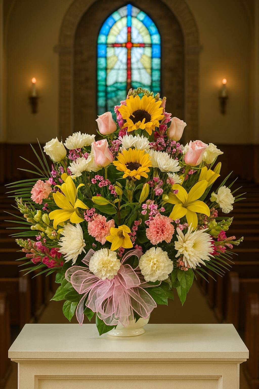 Large mixed flower arrangement in a vase with sunflowers, roses, and carnations