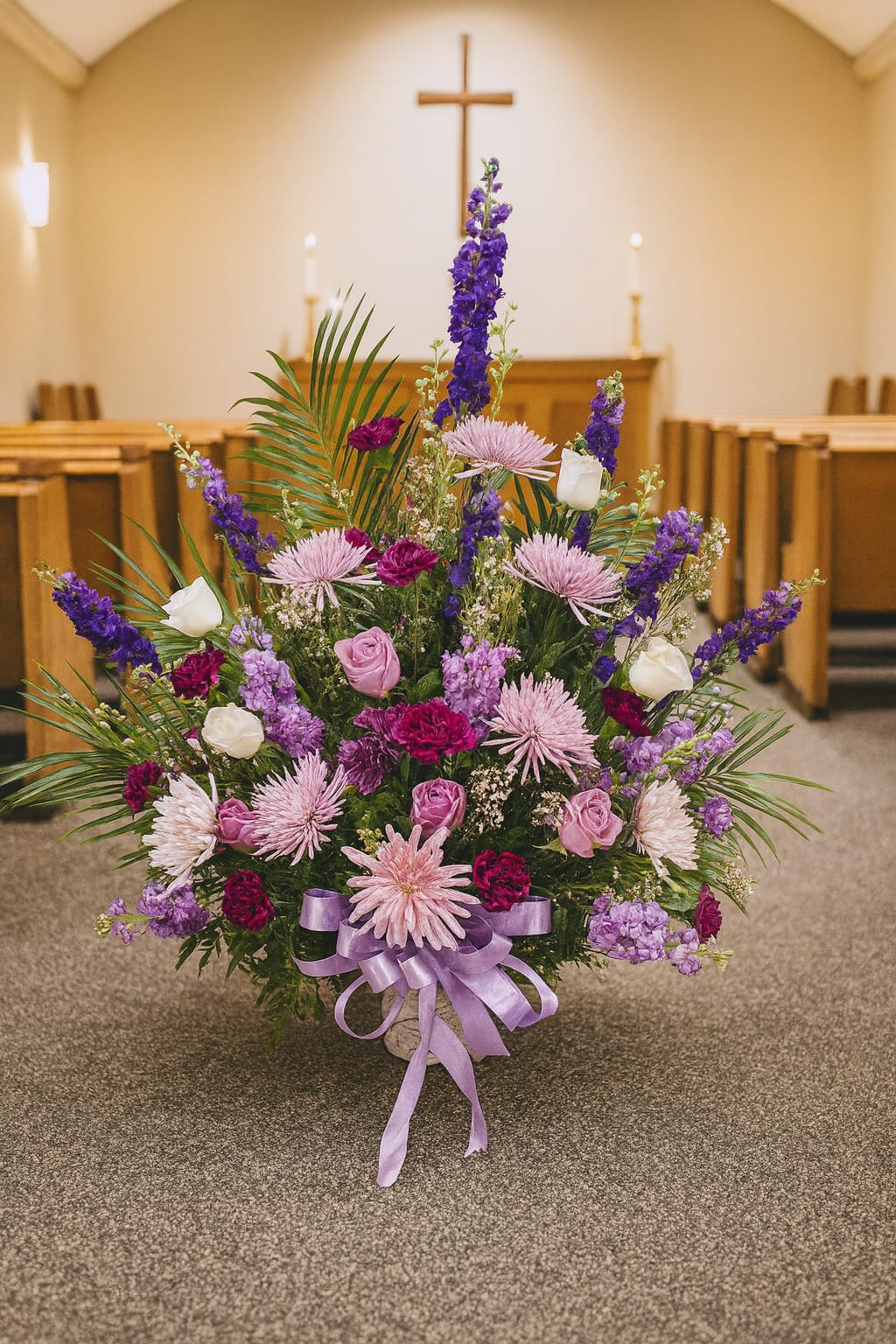 Large purple and pink floral arrangement in a church aisle