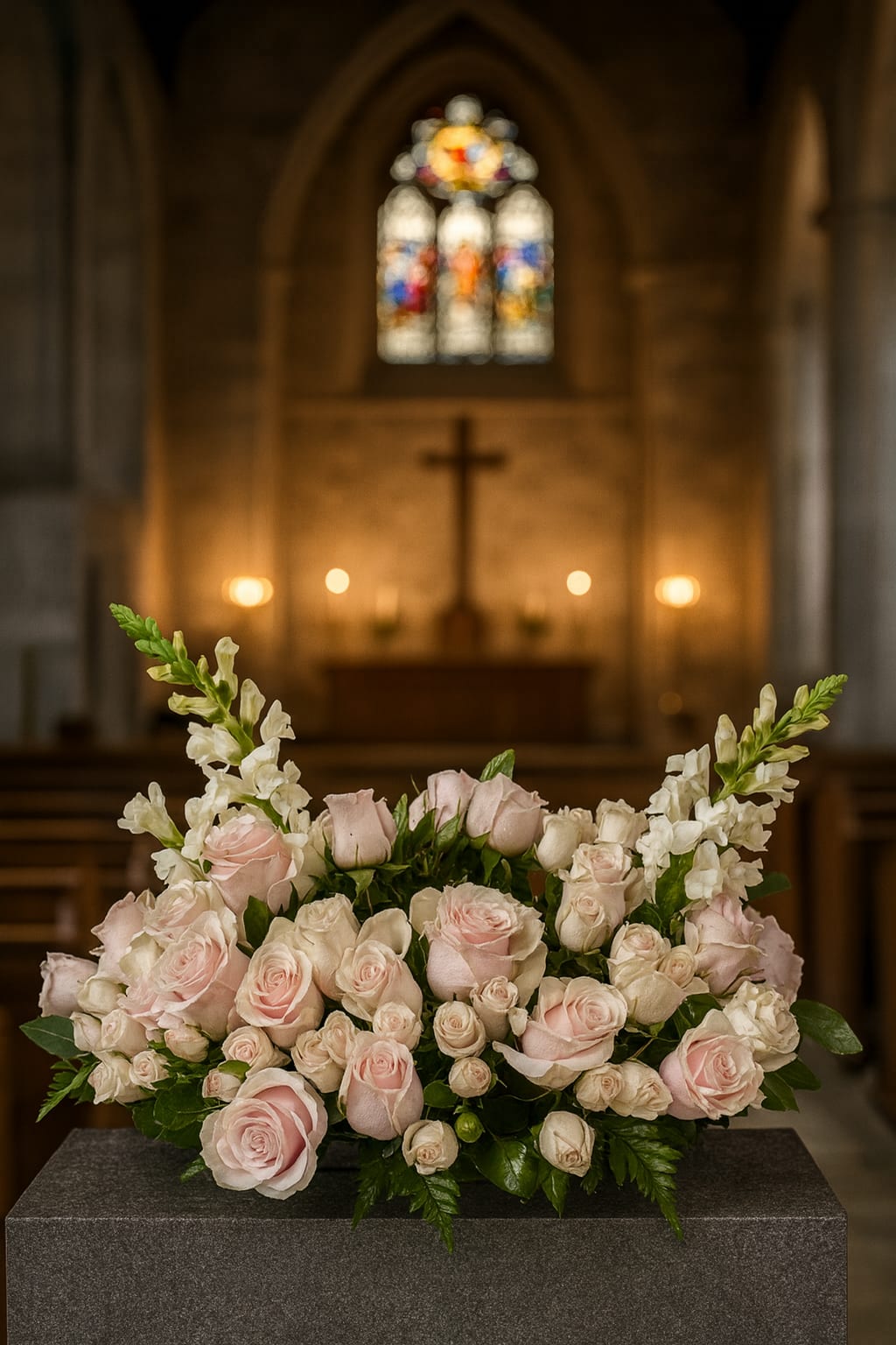 Pink and white rose arrangement on a pedestal in a church