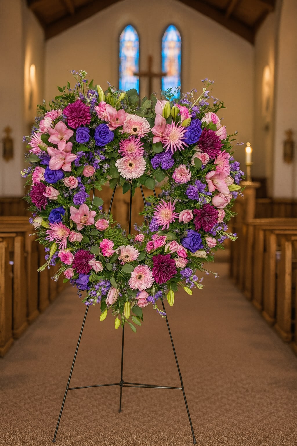 Heart-shaped floral wreath on a stand in pink, purple, and white
