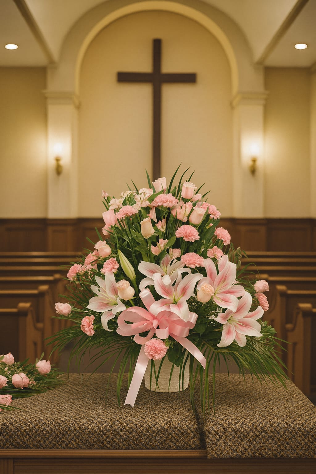 Pink lilies and carnations arranged in a church setting with a ribbon bow