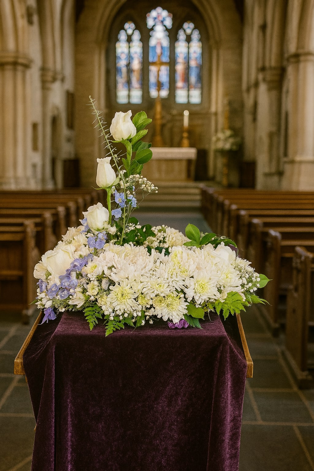 White floral arrangement with blue accents on a draped stand in a church