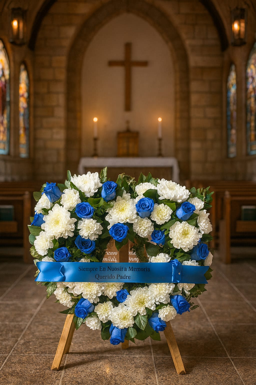 Blue and white floral funeral wreath on a stand in a church