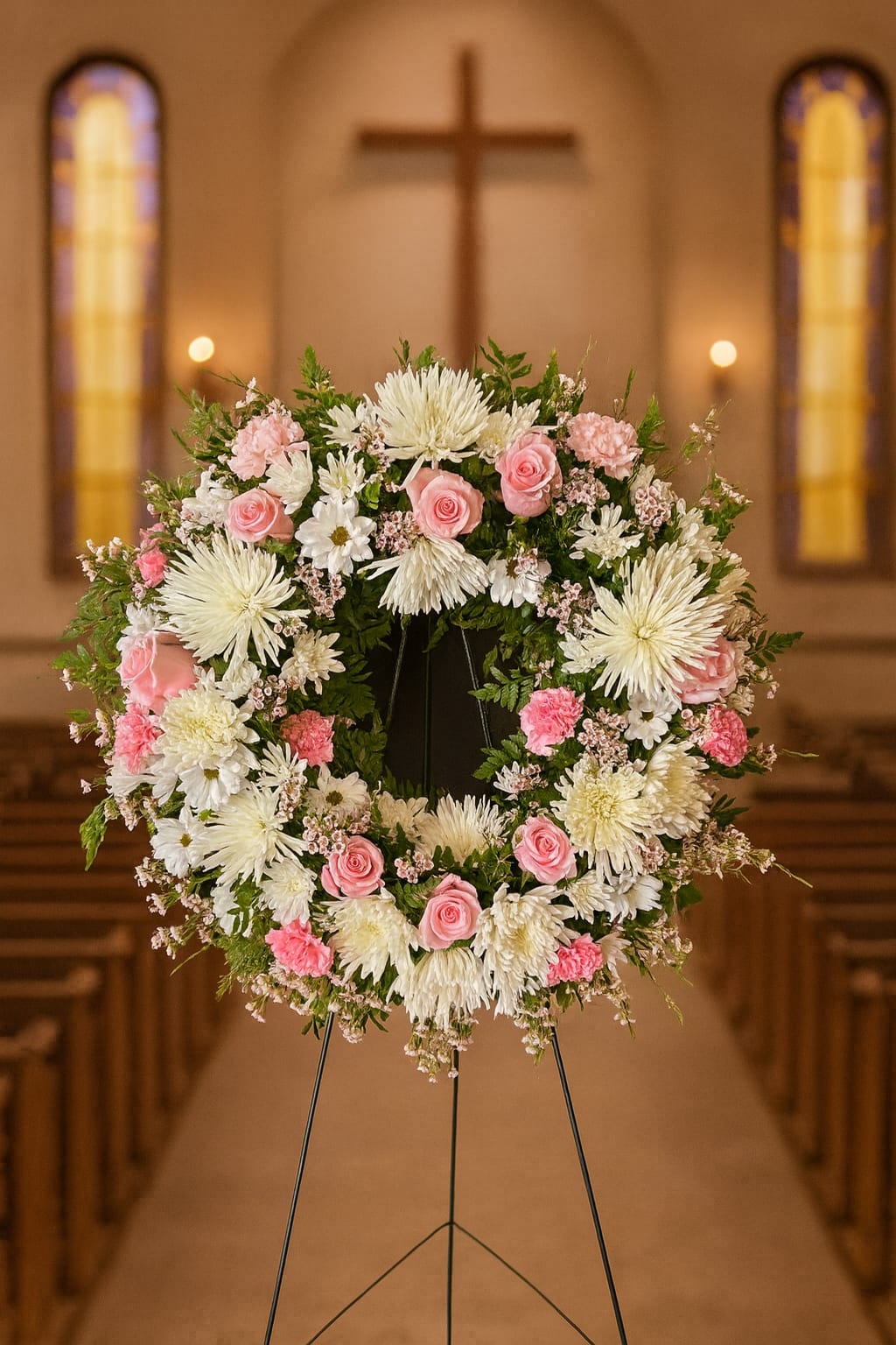 Heart-shaped floral wreath with pink and white flowers on a stand