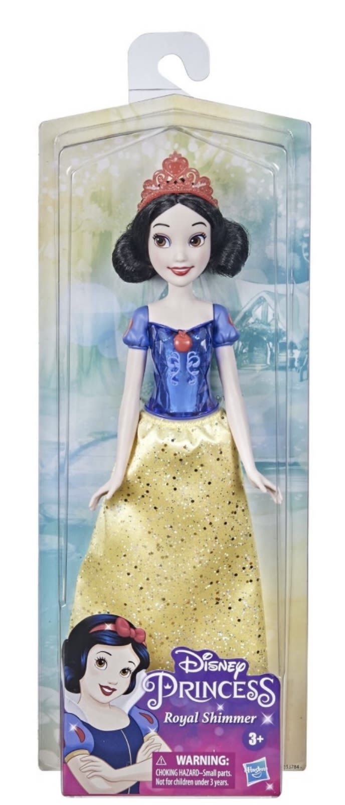 Disney Princess doll in blue and yellow dress inside packaging